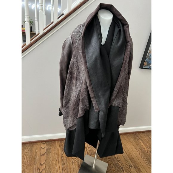 SIMONA TAGLIAFERRI Wool Leather Draped Asymmetric Layered Jacket Coat Size Small - Picture 10 of 12